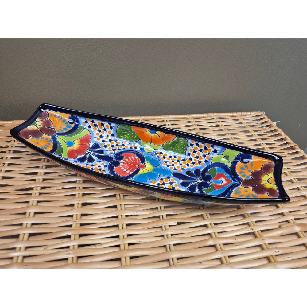Mexican Talavera Style Ceramic Long Serving Tray Platter Hand Painted 15.5" Bowl